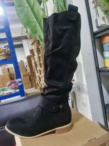 Women's Long Suede Boots with Low Heel and Side Zip - Stylish & Comfortable Footwear