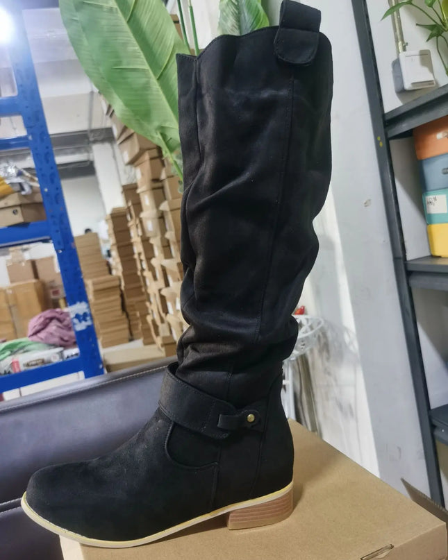 Women's Long Suede Boots with Low Heel and Side Zip - Stylish & Comfortable Footwear