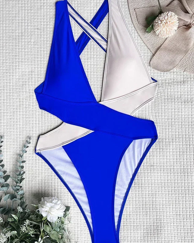 Women's Deep V Neck Cross Backless One-Piece Swimsuit - High Cut, Stylish & Flattering Swimwear