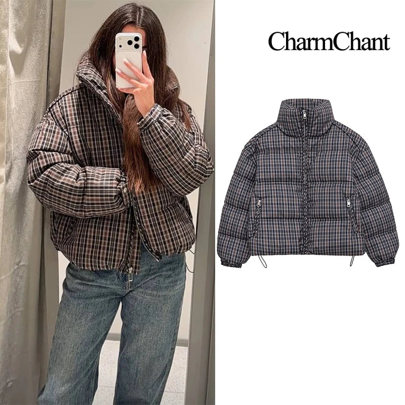 CharmChant Women's Stand-Collar Plaid Puffer Parka Jacket with Padding