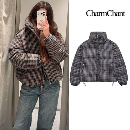 CharmChant Women's Stand-Collar Plaid Puffer Parka Jacket with Padding