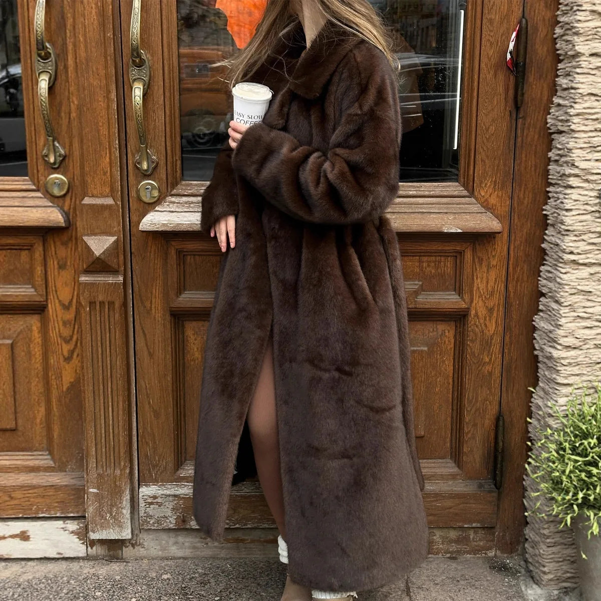 Women's Long Faux Fur Coat - Maxi Overcoat with Lace-Up Turn-Down Collar