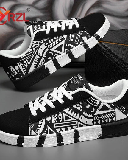 YRZL Men's Canvas Lace-Up Sneakers with Geometric Design