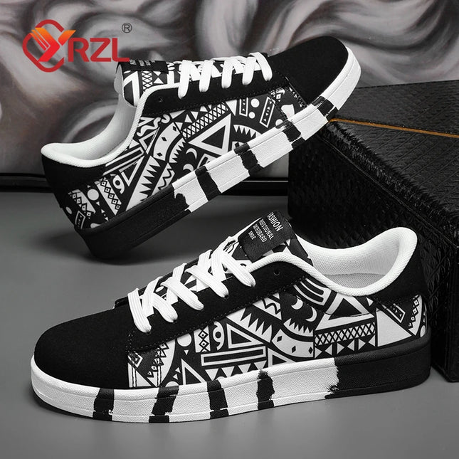 YRZL Men's Canvas Sneakers - Geometric Style Lace-Up Casual Shoes with Graffiti Design