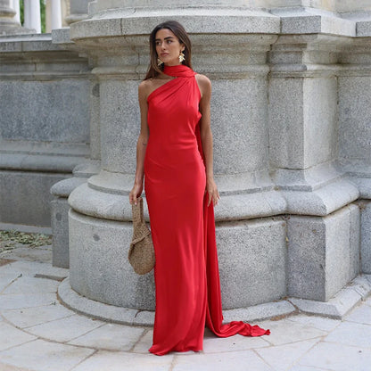 Elegant Backless Long Satin Halter Neck Dress for Women