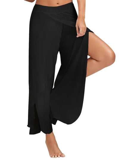 Women's Slit Flared Palazzo Trousers - Wide Leg Chiffon Pants with Side Split