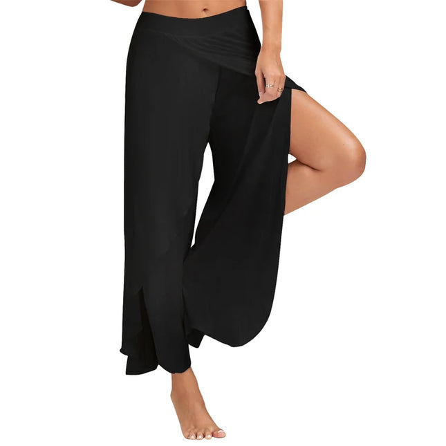 Women's Slit Flared Palazzo Trousers - Wide Leg Chiffon Pants with Side Split