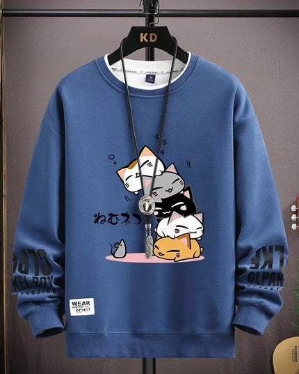 Men's Sweater with Japanese Cartoon Cat Print - Various Colors
