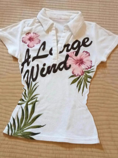 Women's Letter & Floral Print Polo Neck T-Shirt