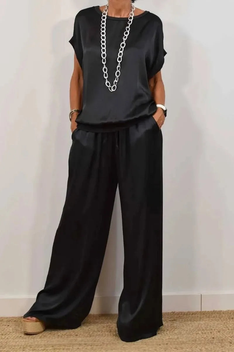 Women's Smooth Satin Two-Piece Set: Short Sleeve Top & Wide Leg Pants