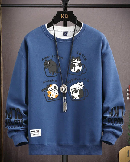 Men's Sweater with Japanese Cartoon Cat Print - Various Colors