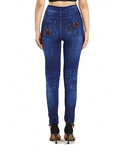Women’s Denim-Look Leggings with Double-Sided Rose Print