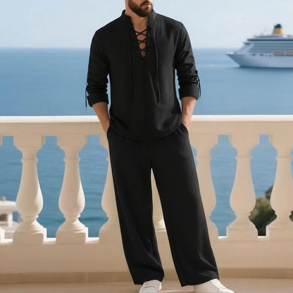 2-Piece Men's Cotton Linen Shirt and Pants Set