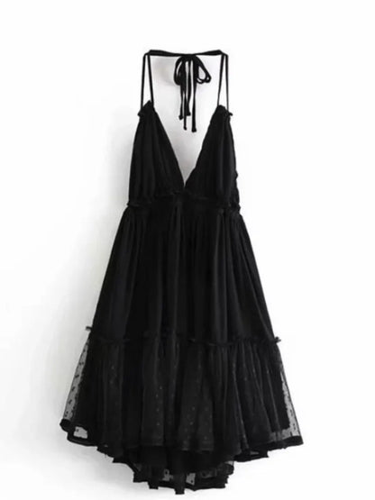 Women's Bow-Back Lacing Halter Collar Mesh Pleated Mini Dress