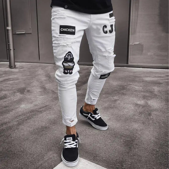 Men's Skinny Slim Fit Ripped Denim Jeans with Stretch, Hole & Patchwork Design