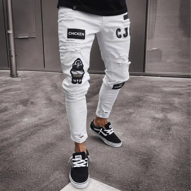 Men's Skinny Slim Fit Ripped Denim Jeans with Stretch, Hole & Patchwork Design