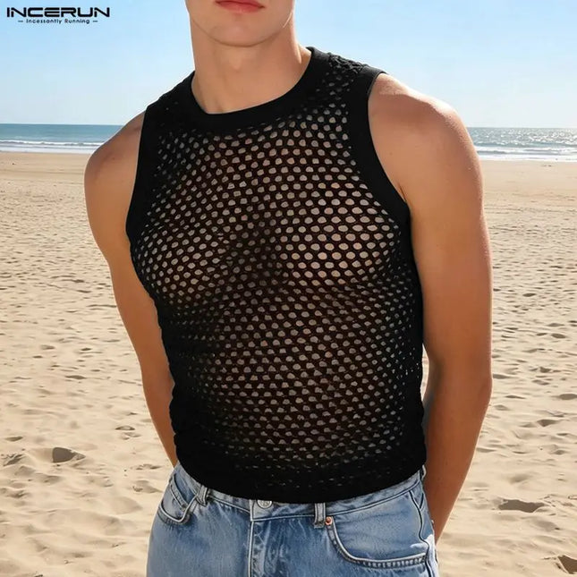 Incerun Men's Mesh Hollow Out O-Neck Tank Top