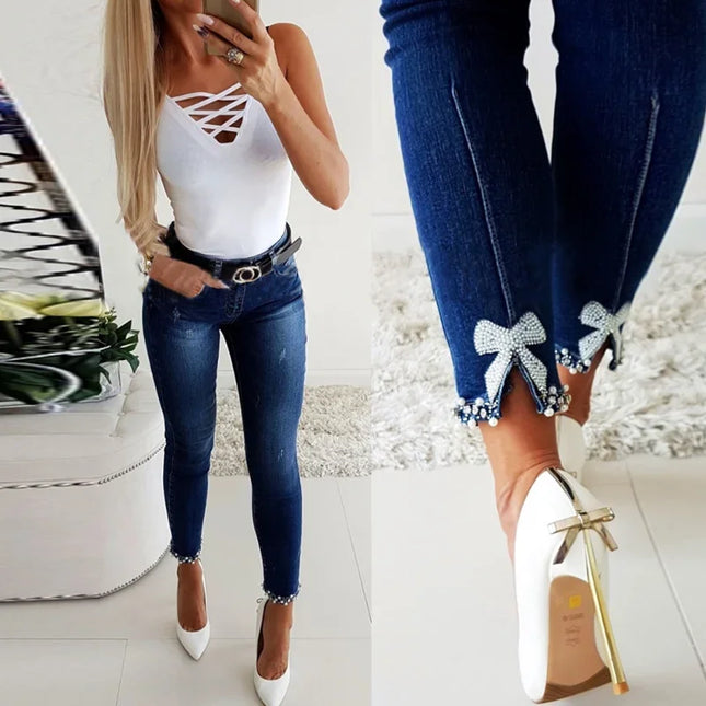 Vintage Washed Denim Pencil Pants for Women with Sheath Fit, Ankle-Length, Pearls Accent