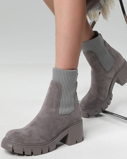 Women's Square Heel Ankle Boots with Thick Sole, Round Toe Faux Suede
