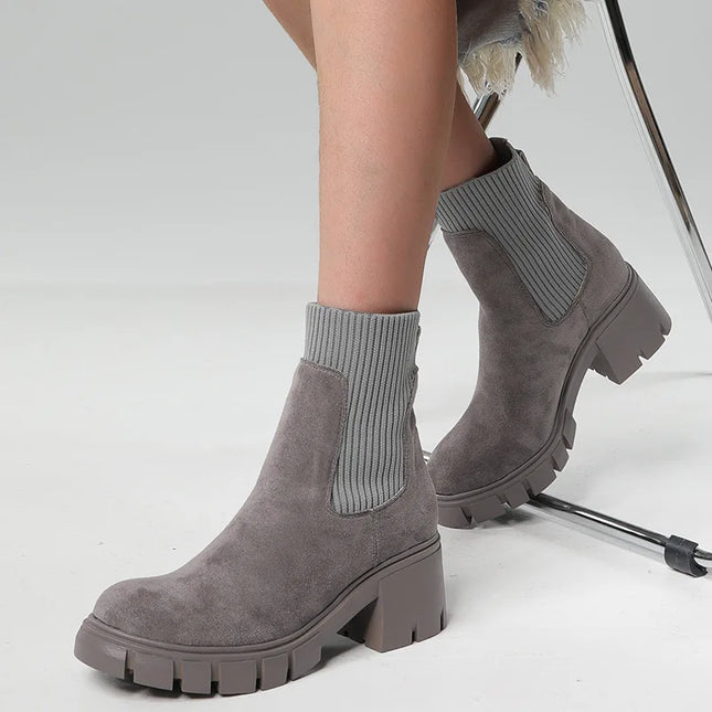 Women's Square Heel Ankle Boots with Thick Sole, Round Toe Faux Suede