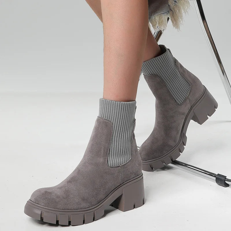 Women's Square Heel Ankle Boots with Thick Sole, Round Toe Faux Suede