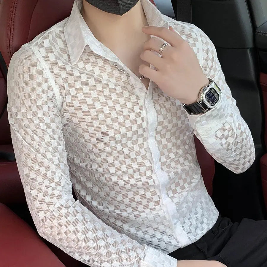 Men's Long Sleeve Plaid Shirt - Slim Fit Button-Down with Hollow Out Design