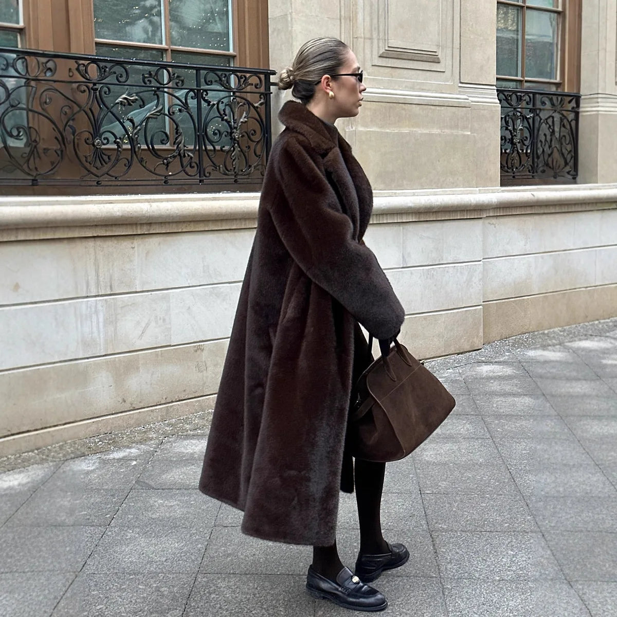 Women's Long Faux Fur Coat - Maxi Overcoat with Lace-Up Turn-Down Collar