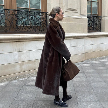 Women's Long Faux Fur Coat - Maxi Overcoat with Lace-Up Turn-Down Collar