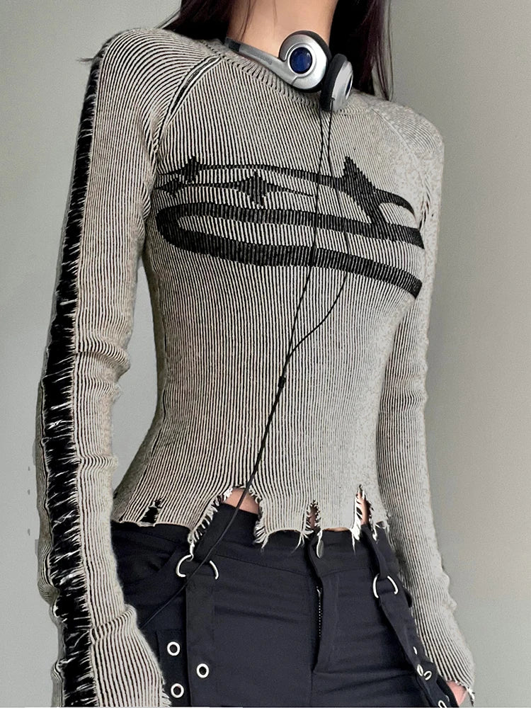 Womens Vintage Ripped Knitted Sweater with Harajuku Print