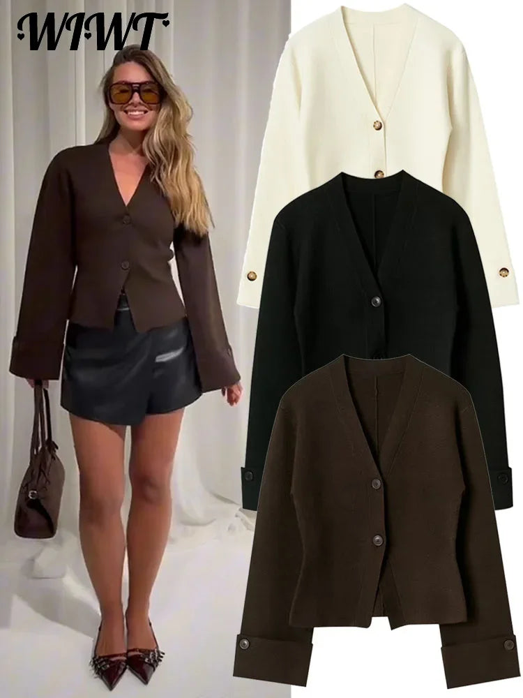 Woman wearing a brown blazer with three different views of the same blazer on a white background.