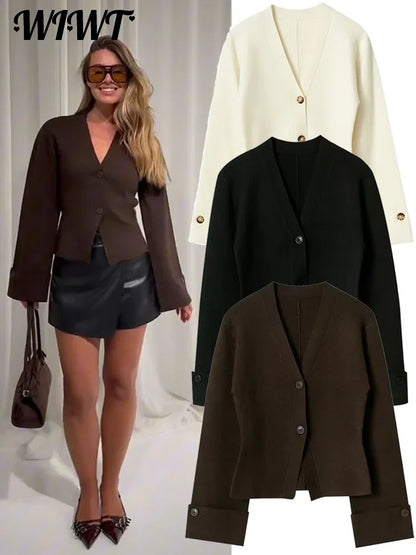 Woman wearing a brown blazer with three different views of the same blazer on a white background.