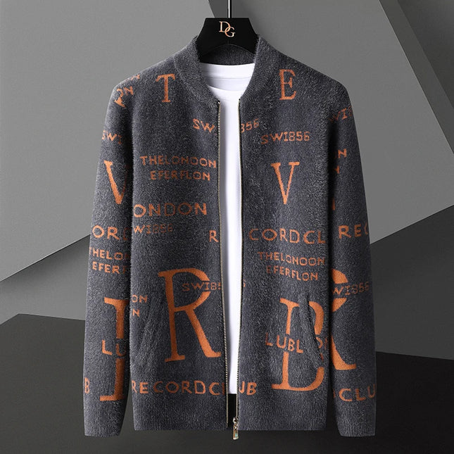 Retro Jacquard Men's Cardigan Jacket with Stand-Up Collar
