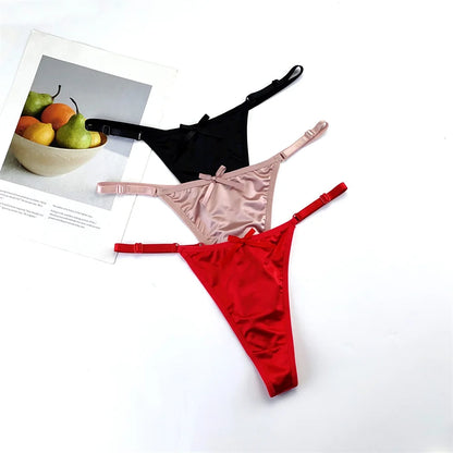 3-Piece Pink Satin Thong Set for Women - Adjustable Low Waist, Comfortable Silk Lace Underwear