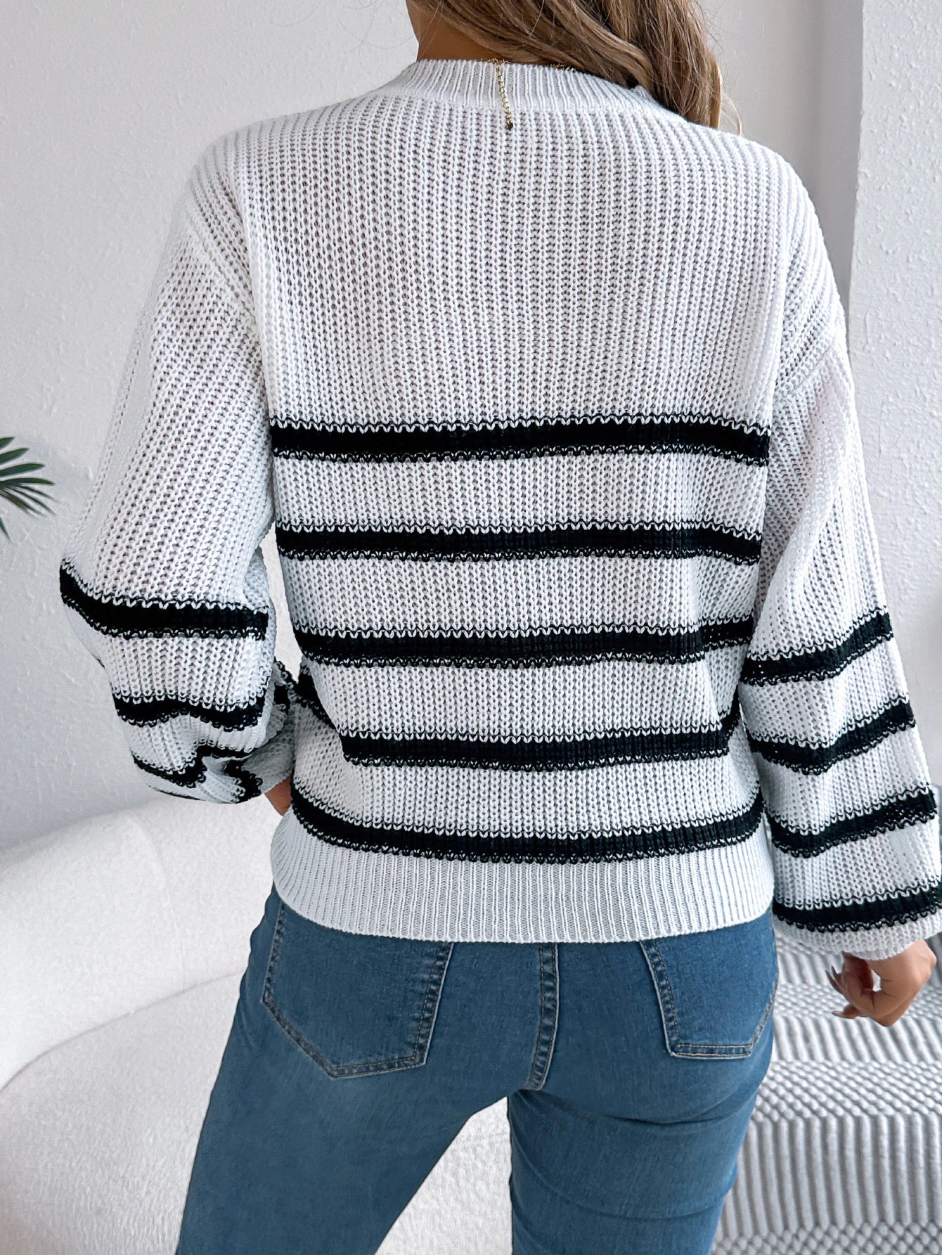 Women's Knit Striped Sweater with Pocket and Round Neck