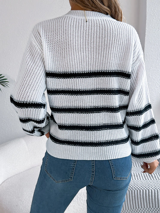 Women's Knit Striped Sweater with Pocket and Round Neck