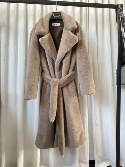 Women's Long Faux Fur Coat - Maxi Overcoat with Lace-Up Turn-Down Collar