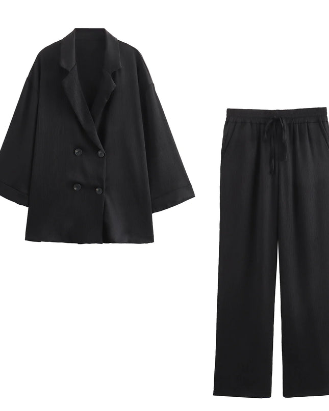 Women's 2-Piece Long Sleeve Double-Breasted Blazer + Wide Leg Trousers Set