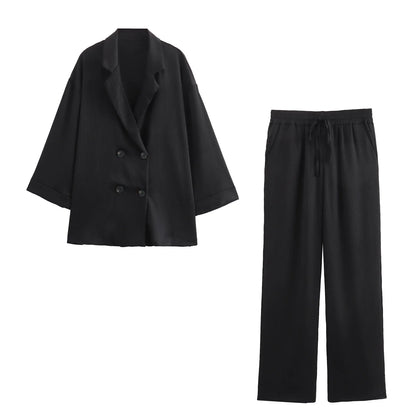 Women's 2-Piece Long Sleeve Double-Breasted Blazer + Wide Leg Trousers Set