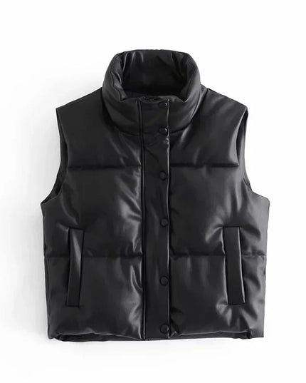 Women's PU Leather Stand Collar Vest Jacket with Zipper