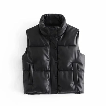 Women's PU Leather Stand Collar Vest Jacket with Zipper