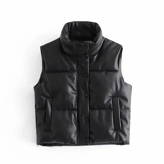 Women's PU Leather Stand Collar Vest Jacket with Zipper