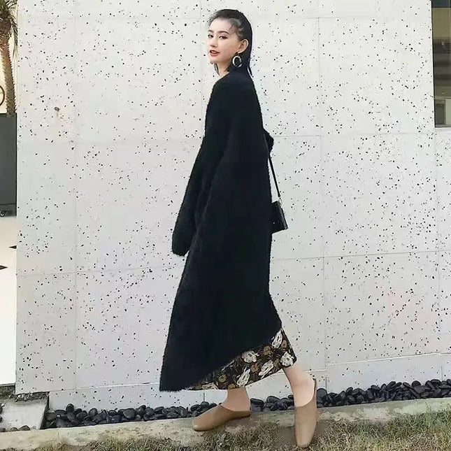 Women's Long Knitted Fluffy Cardigan with Long Sleeves