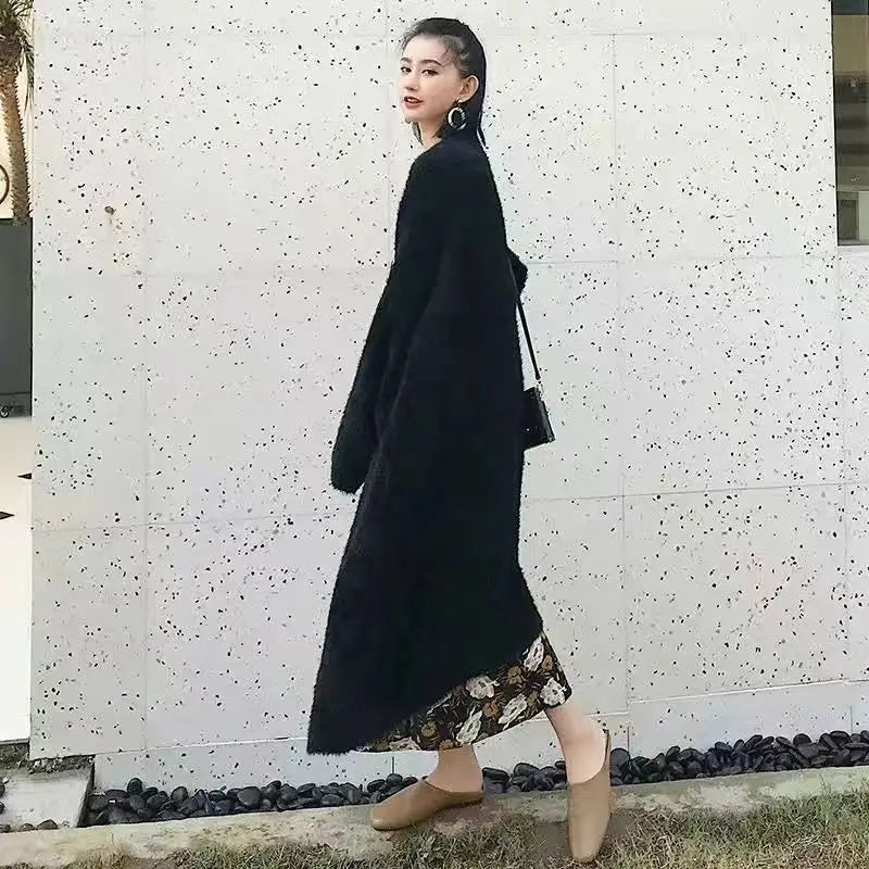 Women's Long Knitted Fluffy Cardigan with Long Sleeves