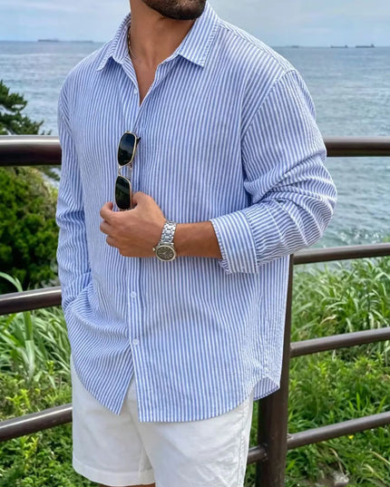 Men's Long Sleeve Striped Shirt with Loose Fit  Casual