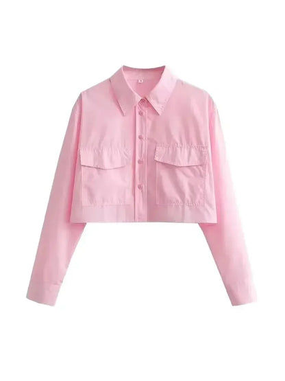 Women's Cropped Button-Up Blouse - Stylish Female Short Sleeve Shirt