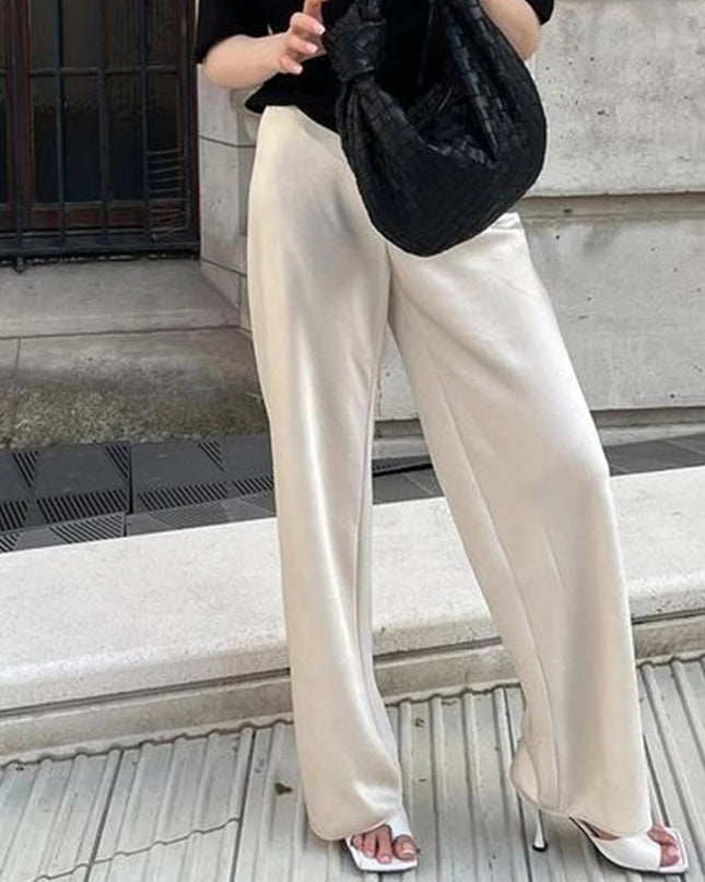 Women's Satin Wide Leg Pants - Casual High Waist Elastic Waistline