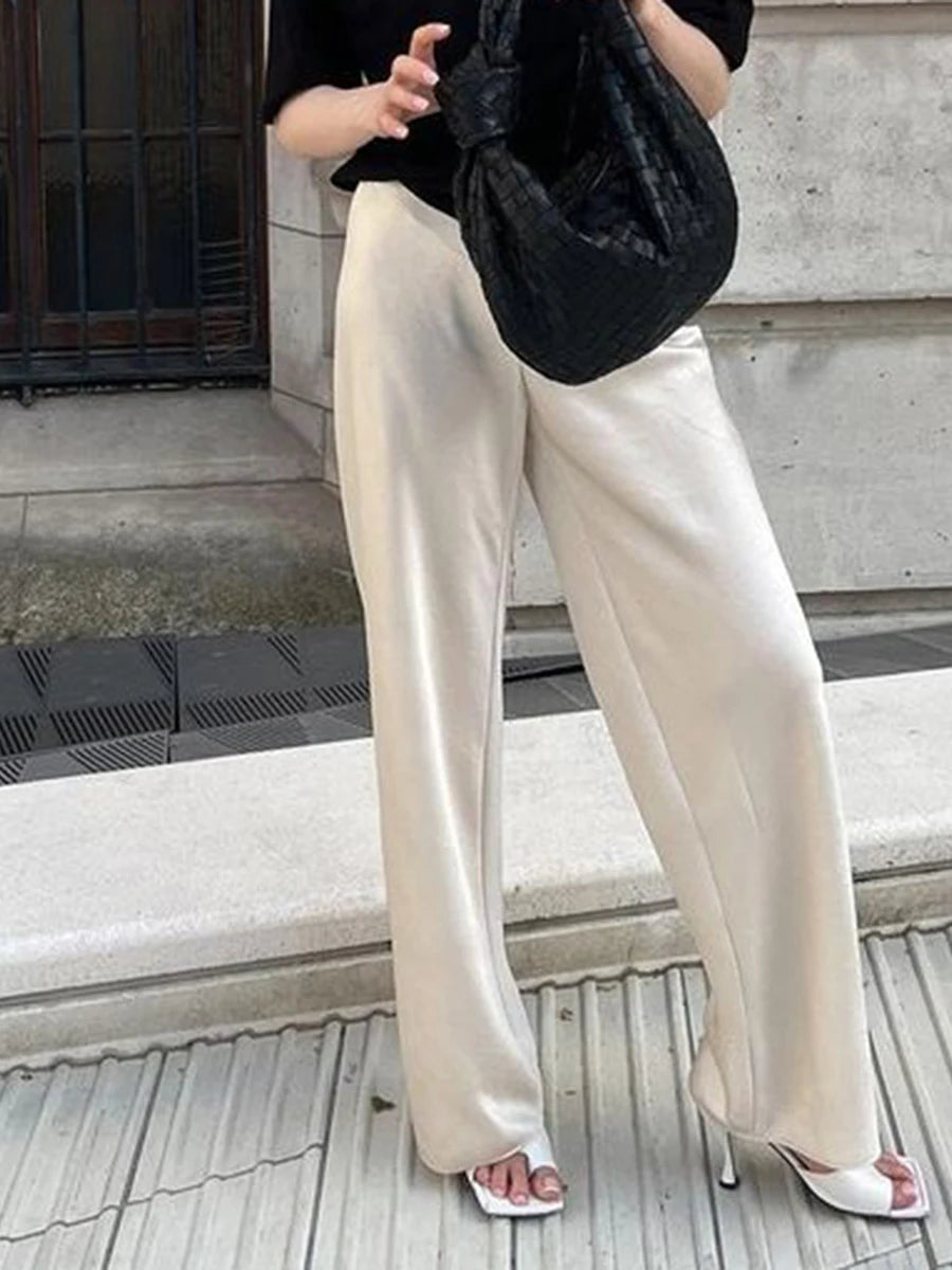 Women's Satin Wide Leg Pants - Casual High Waist Elastic Waistline