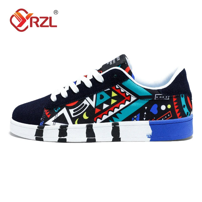 YRZL Men's Canvas Sneakers - Geometric Style Lace-Up Casual Shoes with Graffiti Design