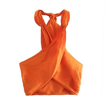 TRAFZA Women's Halter Neck Crossover 2-Piece Camisole and Pants Set