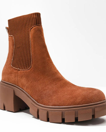 Women's Square Heel Ankle Boots with Thick Sole, Round Toe Faux Suede